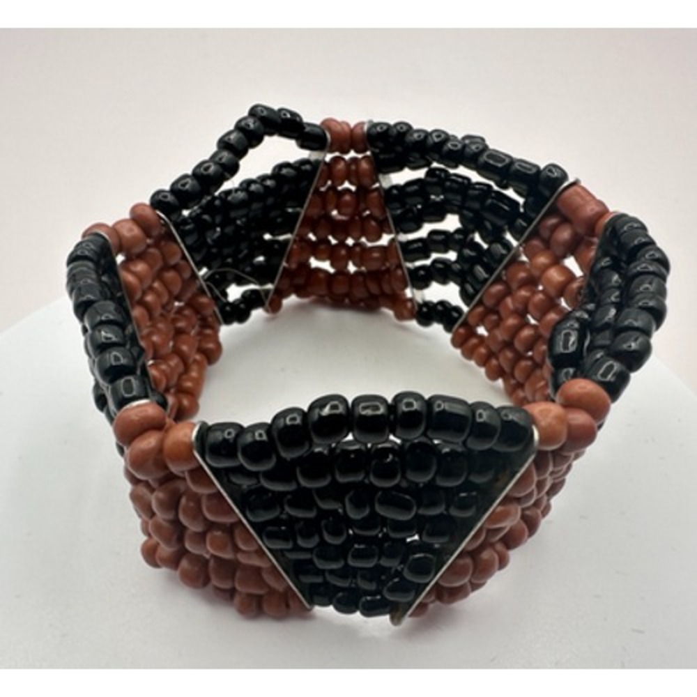 Vintage Y2K Black Brown Beaded Cuff Stretch Bracelet Boho Women's Jewelry